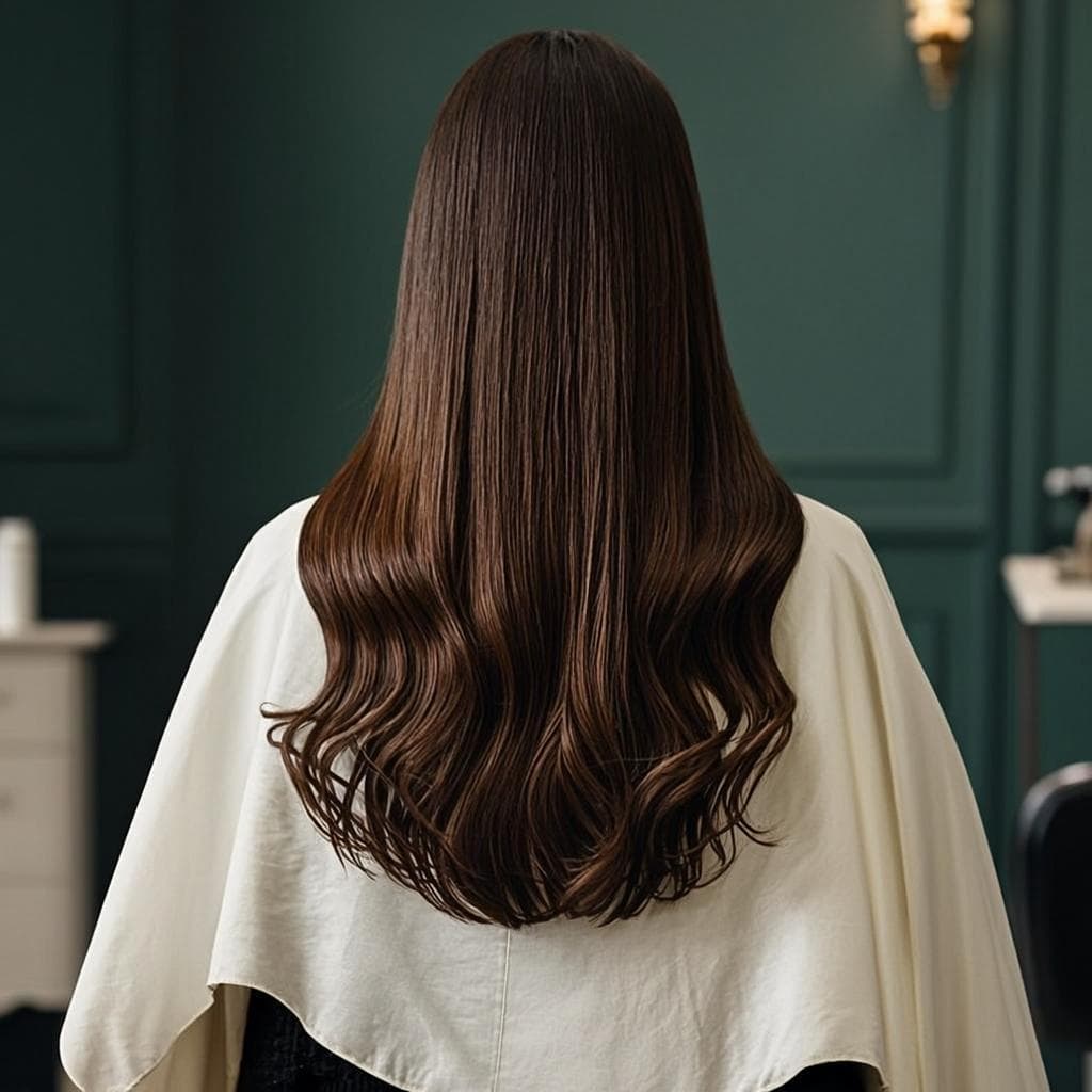 Glossy long-layer cut, blow-dried.