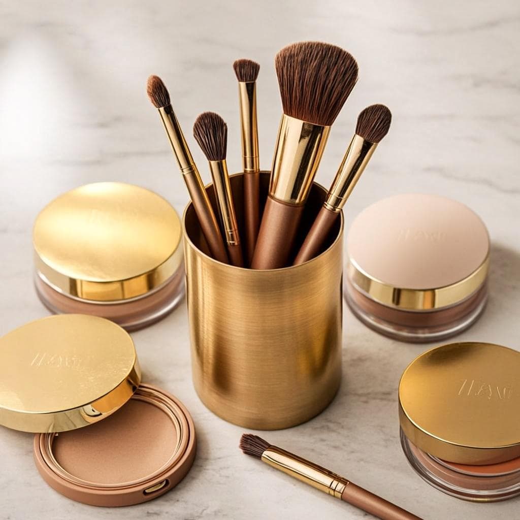 Soft evening makeup with gold shadow.