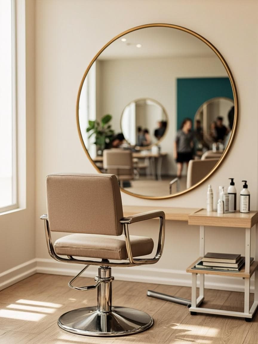 Karthikeya Lavish Looks salon interior in warm daylight - empty styling chair before a brass-framed mirror